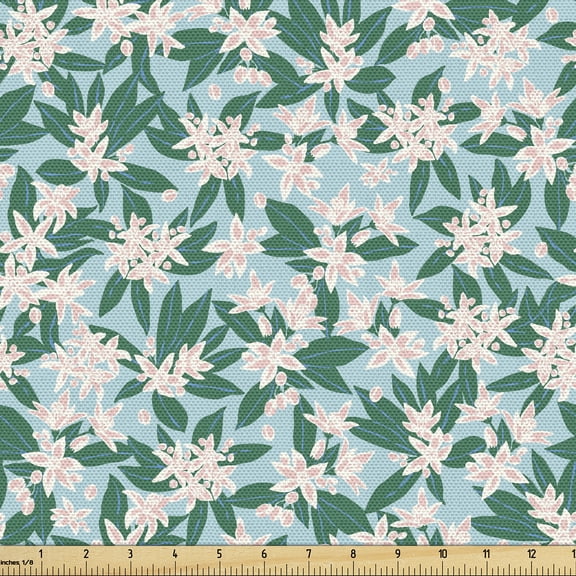 Ambesonne Floral Fabric by the Yard Upholstery, Small Flowers Foliage Art, 1 Yard, Jade Green Pale Salmon