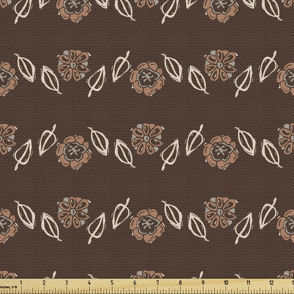 Ambesonne Floral Fabric by the Yard Upholstery, Small Flowers Leaf Line Art, 5 Yards, Dark Rosewood Pale Rust