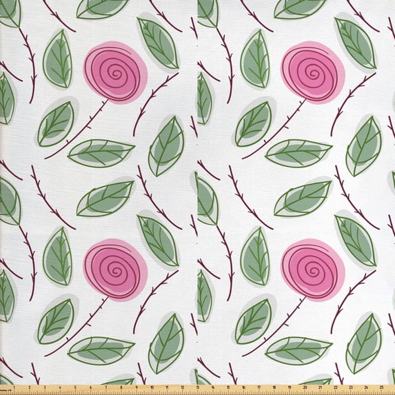 Ambesonne Floral Fabric by the Yard Upholstery, Spiraling Roses with Leaves, 2 Yards, Reseda Green Pink White
