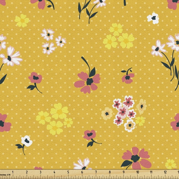 Ambesonne Floral Fabric by the Yard Upholstery, Spring Flowers Country Dots, 1 Yard, Earth Yellow and Coral