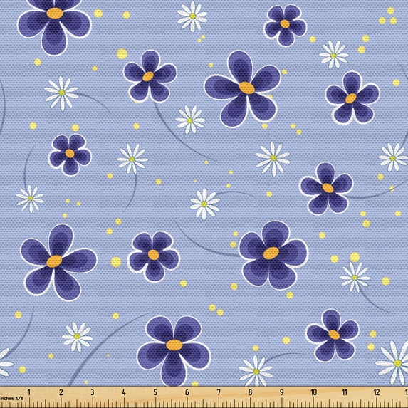 Ambesonne Floral Fabric by the Yard Upholstery, Spring Flowers Polka Dots, 3 Yards, Ceil Blue Indigo
