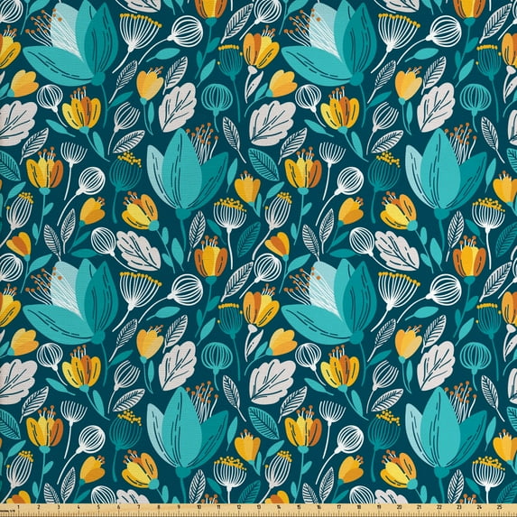 Ambesonne Floral Fabric by the Yard Upholstery, Spring Growth Meadow Design, 2 Yards, Dark Teal and Pale Orange