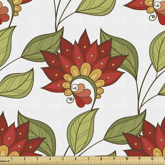 Ambesonne Floral Fabric by the Yard Upholstery, Spring Leaves and Flowers, 10 Yards, Vermilion Olive Green