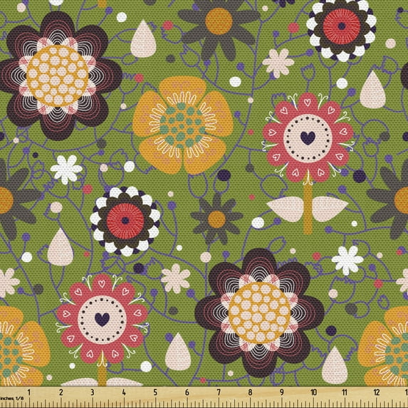 Ambesonne Floral Fabric by the Yard Upholstery, Spring Nature Flowers, 1 Yard, Olive Green Multicolor