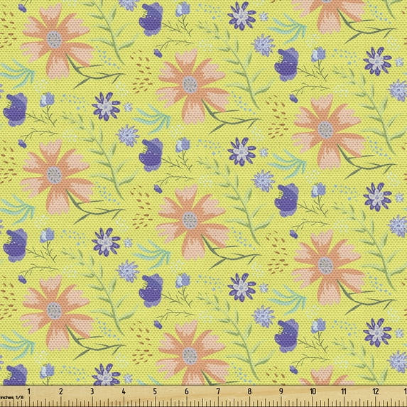 Ambesonne Floral Fabric by the Yard Upholstery, Spring Various Flowers Art, 1 Yard, Pastel Yellow and Blue Violet