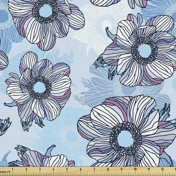 Ambesonne Floral Fabric by the Yard Upholstery, Striped Colorful Flowers Art, 1 Yard, Pale Azure Blue and Pink