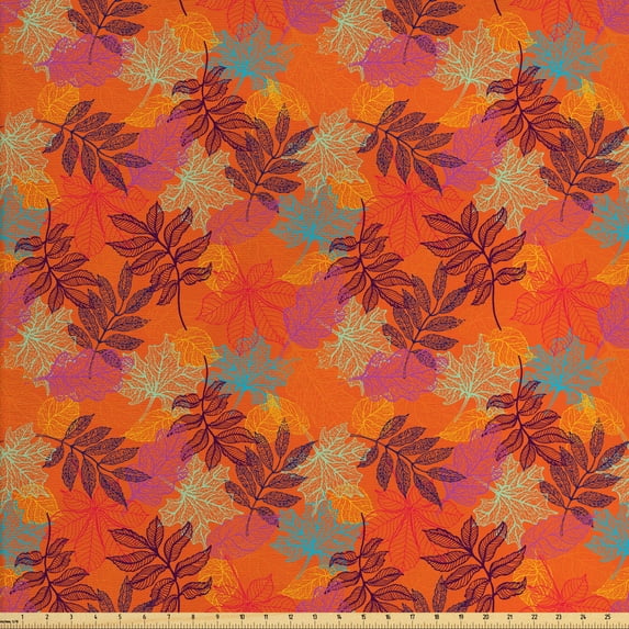 Ambesonne Floral Fabric by the Yard Upholstery, Style Colorful Leaves, 3 Yards, Vermilion and Multicolor