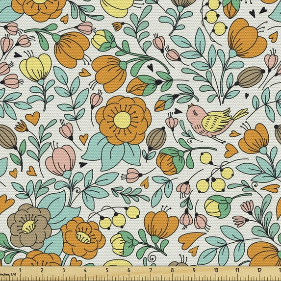 Ambesonne Floral Fabric by the Yard Upholstery, Summer Flowers Birds Humming, 5 Yards, Seafoam Marigold