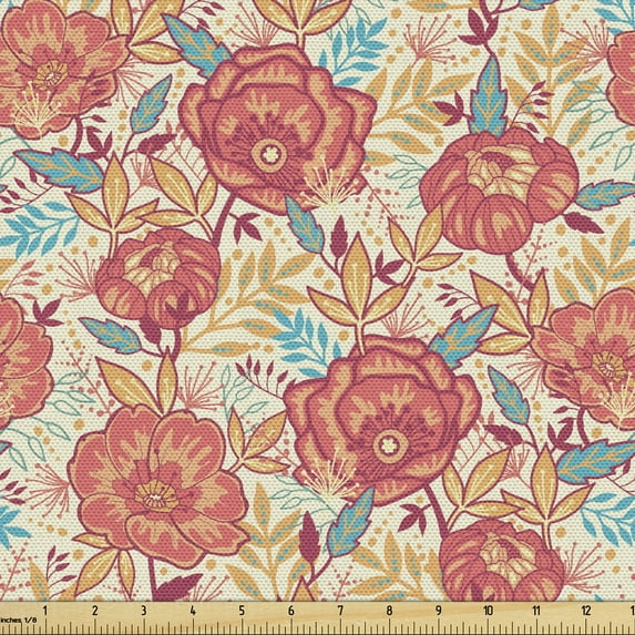 Ambesonne Floral Fabric by the Yard Upholstery, Summer Time Flowers Leaves, 5 Yards, Eggshell Dark Coral