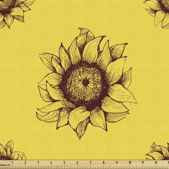 Ambesonne Floral Fabric by the Yard Upholstery, Sun Flowers Hand Drawn Like, 1 Yard, Dark Maroon and Mustard