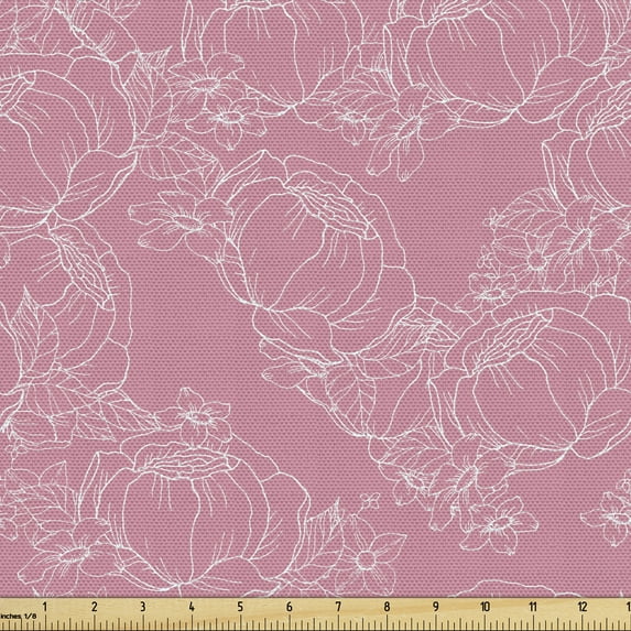 Ambesonne Floral Fabric by the Yard Upholstery, Thin Lines Peonies Graphic, 3 Yards, Pastel Pink and White