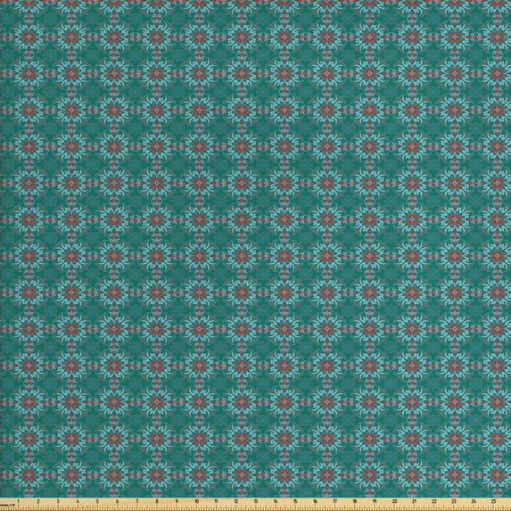 Ambesonne Floral Fabric by the Yard Upholstery, Traditional Spanish, 5 Yards, Jade Green Pale Blue Red