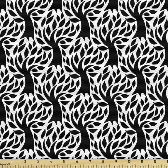 Ambesonne Floral Fabric by the Yard Upholstery, Tree and Leaf Silhouette, 5 Yards, Black and White