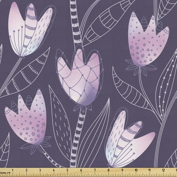 Ambesonne Floral Fabric by the Yard Upholstery, Tulips Inspired Flower, 1 Yard, Purple Pale Mauve