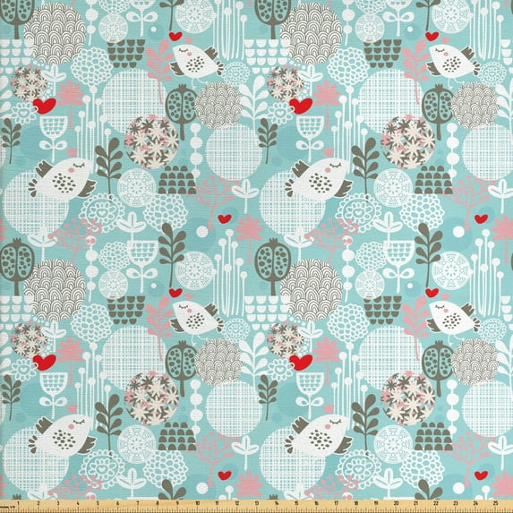 Ambesonne Floral Fabric by the Yard Upholstery, Valentines Birds, 2 Yards, Multicolor
