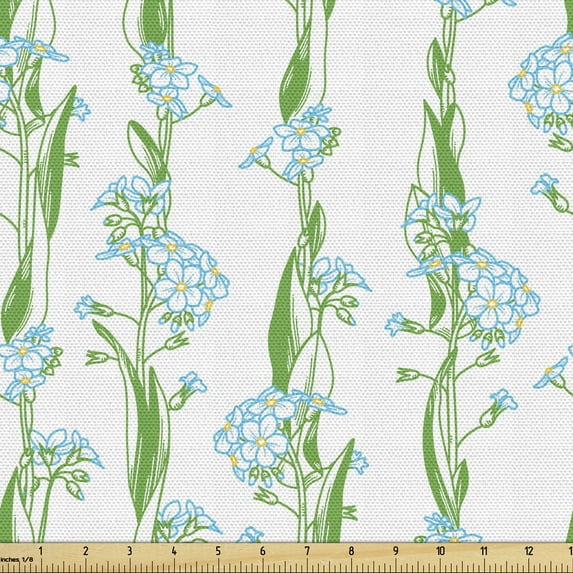 Ambesonne Floral Fabric by the Yard Upholstery, Vertical Leafy Flower Strips, 2 Yards, Fern Green Sky Blue