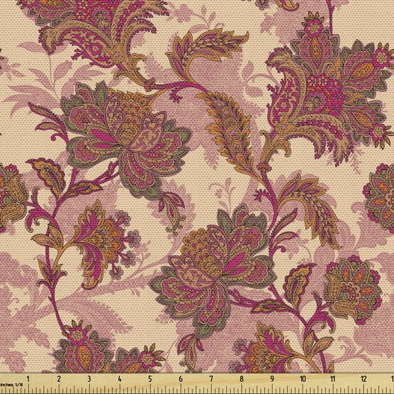 Ambesonne Floral Fabric by the Yard Upholstery, Vibrant Boho Flowers, 1 Yard, Peach and Coral