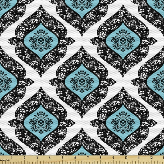 Ambesonne Floral Fabric by the Yard Upholstery, Victorian Antique Style, 1 Yard, Black Aqua White