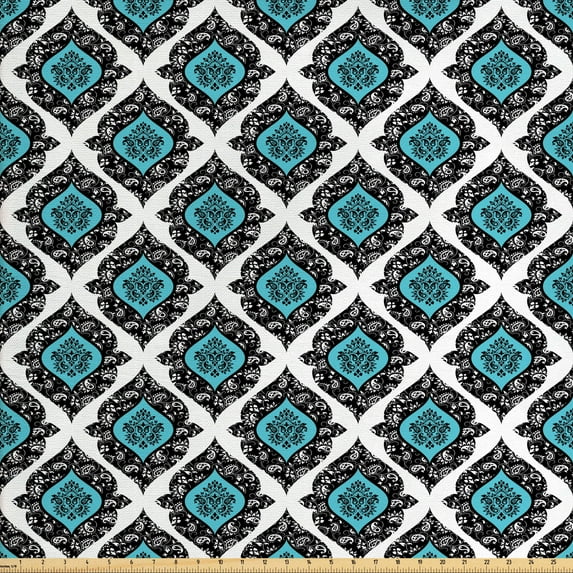 Ambesonne Floral Fabric by the Yard Upholstery, Victorian Antique Style, 10 Yards, Black Aqua White