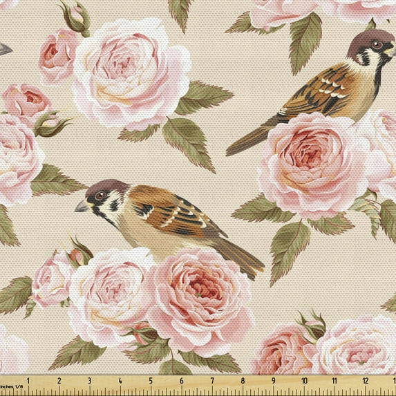 Ambesonne Floral Fabric by the Yard Upholstery, Victorian Style Rose Flowers, 2 Yards, Champagne Multicolor