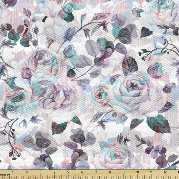 Ambesonne Floral Fabric by the Yard Upholstery, Vintage Abstract Roses Art, 2 Yards, Cadet Blue and Dark Indigo