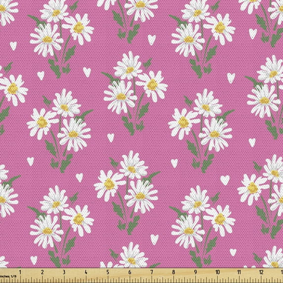 Ambesonne Floral Fabric by the Yard Upholstery, Vintage Chamomile Flower Art, 1 Yard, Pastel Pink and Fern Green