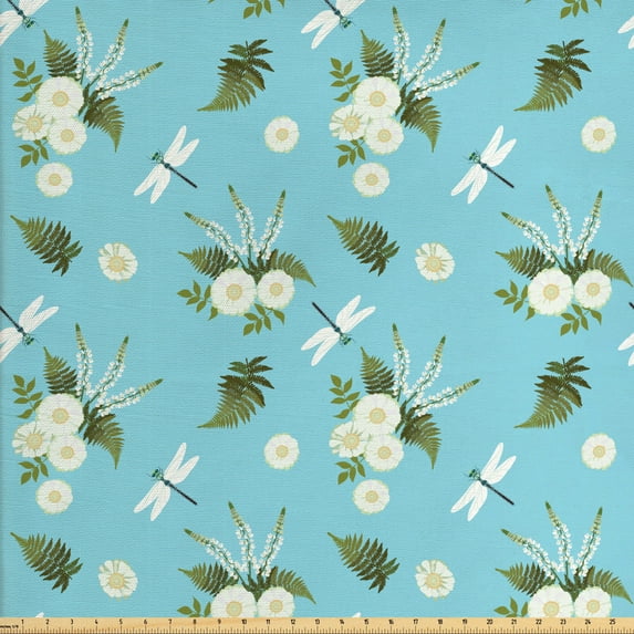 Ambesonne Floral Fabric by the Yard Upholstery, Vintage Daisies Dragonflies, 5 Yards, White Green and Blue