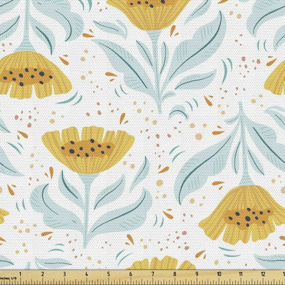 Ambesonne Floral Fabric by the Yard Upholstery, Vintage Flowers Polka Dots, 5 Yards, Pale Blue and Dark Yellow