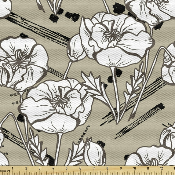 Ambesonne Floral Fabric by the Yard Upholstery, Vintage Poppies and Strokes, 10 Yards, Pale Sepia Charcoal Grey