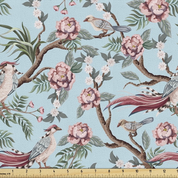 Ambesonne Floral Fabric by the Yard Upholstery, Vintage Style Bird Print, 10 Yards, Soft Blue and Dried Rose