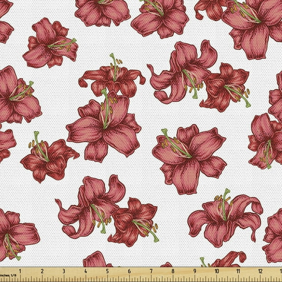 Ambesonne Floral Fabric by the Yard Upholstery, Vintage Style Lily Flowers, 1 Yard, Olive Green Vermilion