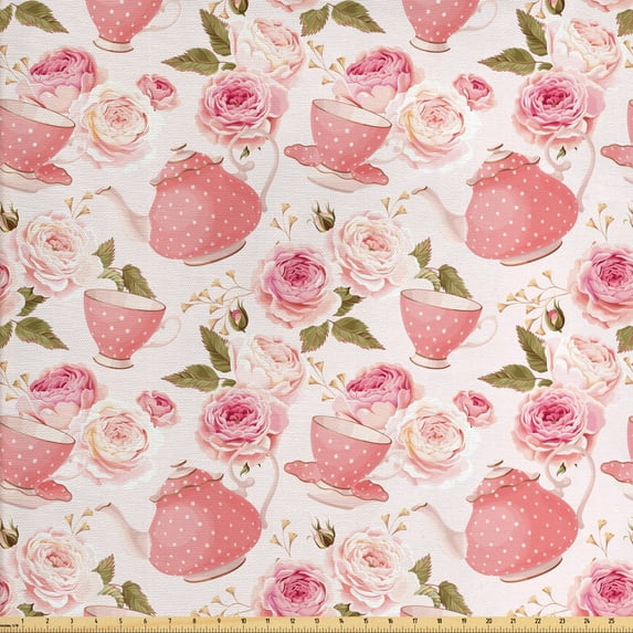 Ambesonne Floral Fabric by the Yard Upholstery, Vintage Tea Cups Roses, 3 Yards, Fern Green Pale Pink