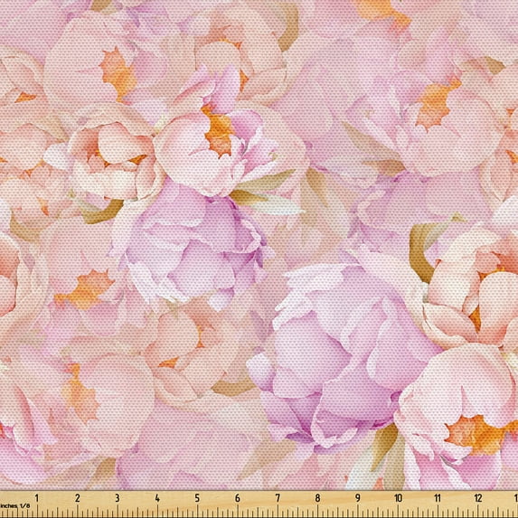 Ambesonne Floral Fabric by the Yard Upholstery, Vintage Watercolor Peony Art, 2 Yards, Pale Fuchsia Burnt Orange