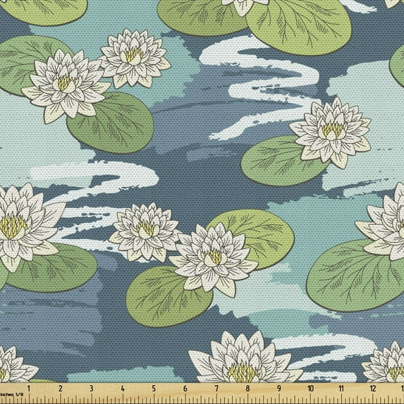 Ambesonne Floral Fabric by the Yard Upholstery, Water Lilies on Wetlands, 5 Yards, Multicolor
