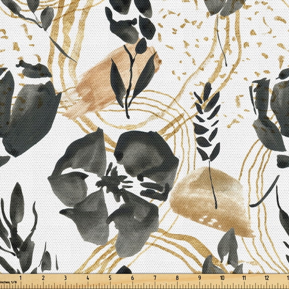 Ambesonne Floral Fabric by the Yard Upholstery, Watercolor Art Look Flowers, 5 Yards, Dark Grey and Pastel Brown