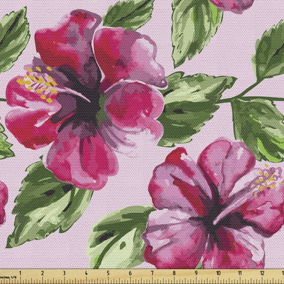 Ambesonne Floral Fabric by the Yard Upholstery, Watercolor Hibiscus Flowers, 3 Yards, Magenta Green Pale Pink