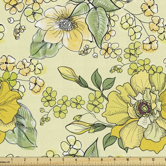 Ambesonne Floral Fabric by the Yard Upholstery, Watercolor Leaves Blossom, 2 Yards, Pastel Green Multicolor