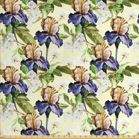 Ambesonne Floral Fabric by the Yard Upholstery, Watercolor Style Tropic Art, 2 Yards, Cream and Multicolor