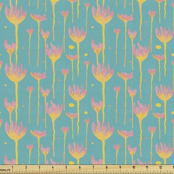 Ambesonne Floral Fabric by the Yard Upholstery, Watercolor Surrealistic Art, 1 Yard, Dark Seafoam Mustard