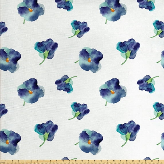 Ambesonne Floral Fabric by the Yard Upholstery, Watercolor Violet Blooms, 3 Yards, Turquoise Navy Blue