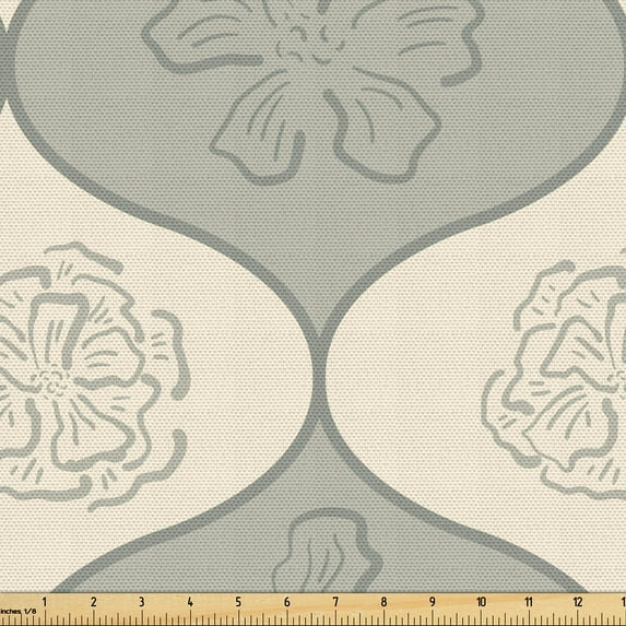 Ambesonne Floral Fabric by the Yard Upholstery, Wavy Vintage Motif Nostalgia, 3 Yards, Cream Grey Teal