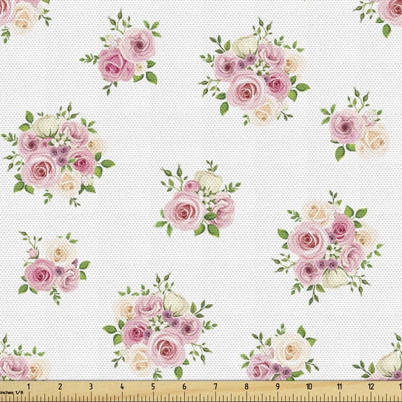 Ambesonne Floral Fabric by the Yard Upholstery, Wedding Theme Bride Bouquets, 1 Yard, Green and Pastel Pink