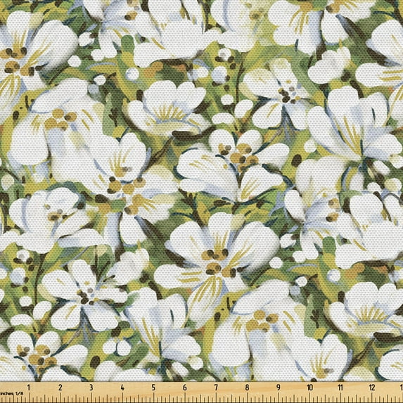 Ambesonne Floral Fabric by the Yard Upholstery, White Flowers Watercolor Art, 2 Yards, Dark Yellow Olive Green