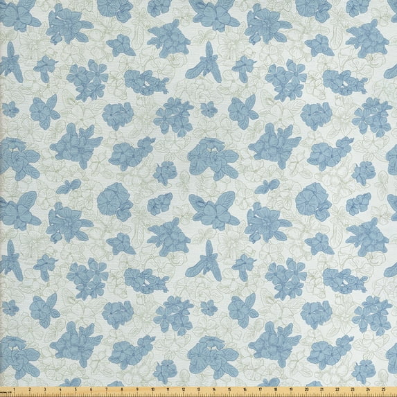 Ambesonne Floral Fabric by the Yard Upholstery, Willow Flowers Pattern, 5 Yards, Pale Blue Slate Blue