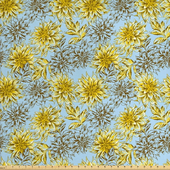 Ambesonne Floral Fabric by the Yard Upholstery, Yellow Dahlias Print, 3 Yards, Pale Blue Yellow