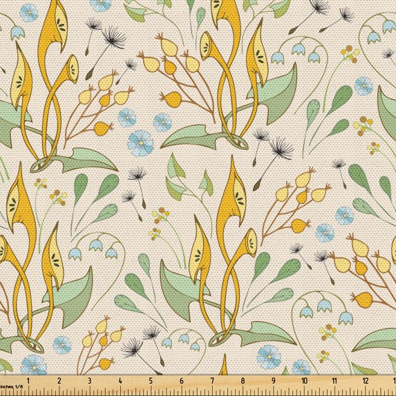 Ambesonne Floral Fabric by the Yard Upholstery, Yellow Flowers Leaves Art, 2 Yards, Orange and Pale Sage Green