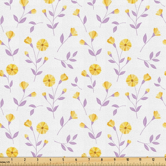 Ambesonne Floral Fabric by the Yard Upholstery, Yellowish Flowers Leaves Art, 1 Yard, Pastel Yellow and Lavender