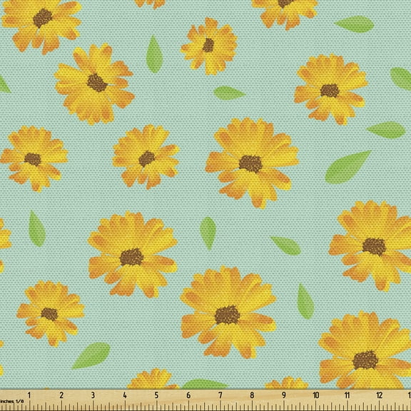 Ambesonne Floral Fabric by the Yard Upholstery, Yellowish Spring Flowers, 10 Yards, Earth Yellow Lime Green