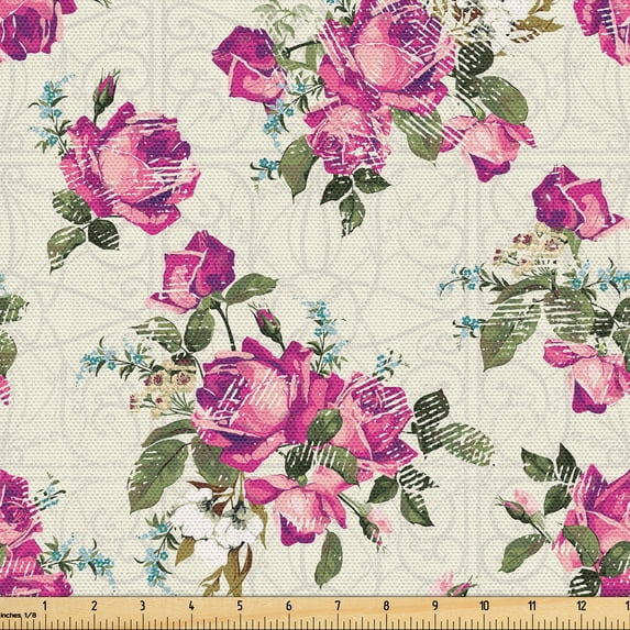 Ambesonne Floral Fabric by the Yard, Valentine Rose Flowers Plot, 10 Yards, Pale Fuchsia and Sepia