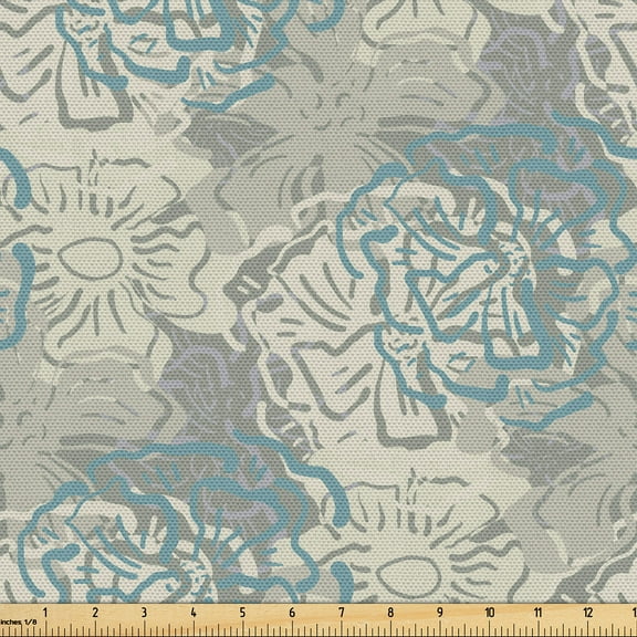 Ambesonne Floral Fabric by the Yard Upholstery, Vintage Flower Sketch Retro, 3 Yards, Dark Eggshell and Cadet Blue